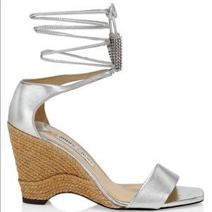 JIMMY CHOO Deva Ankle-Wrap Metallic Leather Wedges